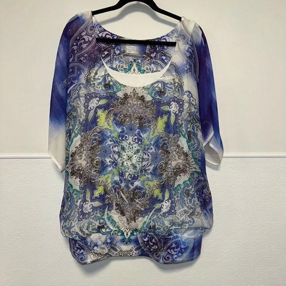 Women's Maurices Blouse Tunic Top Studded Size 2 Blue Green Grey Plus Size - Picture 1 of 14